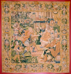 flamländsk gobeläng. Serien Judiths bok. Krig kommer till Juda (Llega la guerra a Judá). Fjärde gobelängen i serien. Tillverkning Nederländerna, Bryssel(?). Andra hälften av 1500-talet. Tyg Ull. Plats Church of Saint Nicholas of Bari (museum o