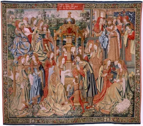 flamländsk gobeläng. Serien Davids och Batsebas historia. Bathseba vid hennes bad (Betsabé en el baño sorprendida por David). Första panelen i serien. Anonym modell. Tillverkning okänd, Bryssel