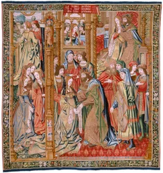 flamländsk gobeläng. Serien Davids och Batsebas historia. Davids och Batsebas äktenskap (Casamiento de David y Betsabé). Andra panelen i serien. Anonym modell. Tillverkning okänd, Bryssel. 1505. Tyg Guld, siden och ull.