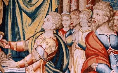 flamländsk gobeläng. Serien Hannibals historia. Hannibals ed (Juramento de Aníbal). Första gobelängen i serien. Tecknad film anonym mästare i Nederländerna. Bryssel tillverkning, verkstad. Ca 1570. Tyg Ull och siden, 6,5/7 varp per cm. Storlek 34