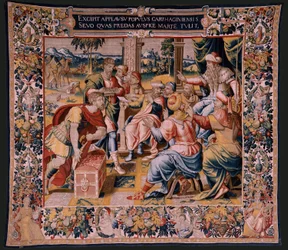 flamländsk gobeläng. Serien Hannibals historia. Mago, Hannibals budbärare, i Kartago (Magón, mensajero de Aníbal, en Cartago). Femte gobeläng av de bevarade. Modeller Anonym mästare i Nederländerna. Bryssel tillverkning, verkstad. Ca 1570. Fab