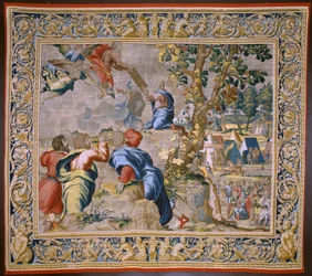 flamländsk gobeläng. Serien The History of Moses. Moses vid berget Sinai. Atelier Joost van Herzele. Ca 1550.