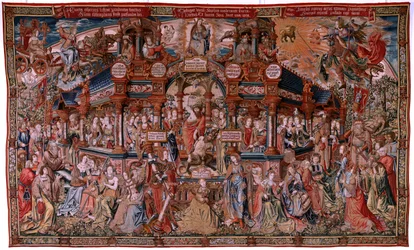 flamländsk gobeläng. Serien The Honours. Dygd (La Virtu, El Vicio). Åttonde gobeläng i serien. Modelltecknare från Bernard van Orleys och Jan Gossaerts krets (Mabuse). Tillverkning Pieter van Aelst, Bryssel. Ca 1550. Tyg Guld, silver, siden a