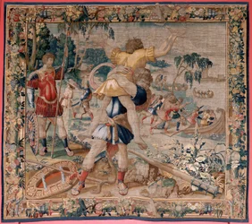 flamländsk gobeläng. Serien The Labours of Hercules. Hercules och Antaeus (Hércules y Anteo). Fjärde gobelängen i den bevarade serien. ; Modell okänd. Tillverkning Willem Dermoyen, Bryssel. Ca 1528. Tyg Siden och ull. Storlek 362 x 403 cm. Plats Kungliga s