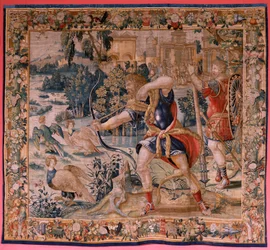 flamländsk gobeläng. Serien The Labours of Hercules. Herkules och stymfåglarna (Hércules y las aves del lago Estínfalo). Första gobeläng i den bevarade serien. Modell okänd. Tillverkning Willem Dermoyen, Bryssel. Ca 1528. Tyg Siden och ull. ; Storlek