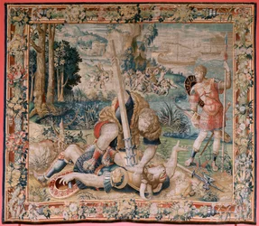 flamländsk gobeläng. Serien The Labours of Hercules. Hercules slåss mot Minotauren (Hercules slåss med Minotauren). Herkules slåss med Minotauren). Andra gobeläng i den bevarade serien. Modell okänd. Tillverkning Willem Dermoyen, Bryssel. ca 1528.