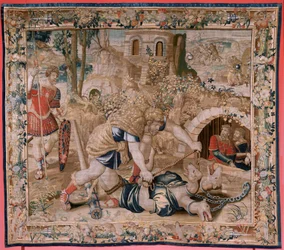 flamländsk gobeläng. Serien The Labours of Hercules. Hercules fångar Cerberus (Hércules captura a Cancerbero). Sjätte gobelängen i den bevarade serien. Okänd modell. Tillverkning Willem Dermoyen, Bryssel. Ca1528. Tyg Siden och ull. Storlek 345 x 390 cm. Lo