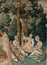 flamländsk gobeläng. Serien The Labours of Hercules. Herkules i Hesperidernas trädgård (Hércules en el jardín de las Hespérides). Femte gobeläng i den bevarade serien. Okänd modell. Tillverkning Willem Dermoyen, Bryssel. Ca 1528. Tyg Siden och ull.