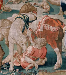 flamländsk gobeläng. Serien The Labours of Hercules. Diomedes hästar (Los caballos de Diomedes). Tredje gobelängen i den bevarade serien. Modell okänd. Tillverkning Willem Dermoyen, Bryssel. Ca1528. Tyg Siden och ull. Storlek 350 x 400 cm. Plats Royal