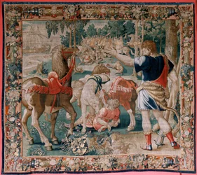 flamländsk gobeläng. Serien The Labours of Hercules. Diomedes hästar (Los caballos de Diomedes). Tredje gobelängen i den bevarade serien. Okänd modell. Tillverkning Willem Dermoyen, Bryssel. Ca1528. Tyg Siden och ull. Storlek 350 x 400 cm. Plats Royal