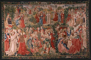 flamländsk gobeläng. Serien Liknelsen om arbetarna i vingården. Uppmaningen till arbetarna (La llamada a los trabajadores). Första gobelängen i serien. Tillverkar Bryssel, Pieter van Aelsts verkstäder(?). Ca 1500. Tyg Siden och ull, 6 varpar pe