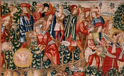 flamländsk gobeläng. Serien Liknelsen om arbetarna i vingården. Betalningen av denaren (El pago del denario). Andra gobeläng i serien. Tillverkar Bryssel, Pieter van Aelsts verkstäder (?). Ca 1500. Tyg Siden och ull, 6 varp per cm.