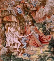 flamländsk gobeläng. Serien The Passion of Christ. Nedstigningen från korset (Descendimiento). Den andra gobelängserien av Kristi passion som tillhör Patrimonio Nacional. Modelltecknare från Jan van Roomes krets. Tillverkning Pieter va