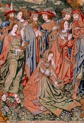 flamländsk gobeläng. Serien The Passion of Christ. Nedstigningen från korset (Descendimiento). Den andra gobelängserien av Kristi passion som tillhör Patrimonio Nacional. Modelltecknare från Jan van Roomes krets. Tillverkning Pieter va