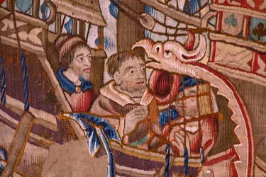 flamländsk gobeläng. Serie The Portuguese in India: The Arrival in Calicut (Från Aankomst i Calicut, Llegado de Vasco de Gama till Lissabon). Ca 1510. Caixa Geral de Depósitos Collection, Lissabon. Detalj.
