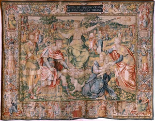 flamländsk gobeläng. Serien De sju dygderna. Rättvisa (La Justicia). Modell baserad på Michiel Coxcie. Tillverkning Bryssel. Tillverkning av Frans Geubels. Ca 1560-1570. Tyg Siden och ull. Storlek 330 x 450 cm. Plats Burgos katedral. Ursprung Ett arv till 