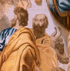 flamländsk gobeläng. Serien Nattvardens triumf. De fyra evangelisterna (Los cuatro evangelistas). Elfte gobeläng i serien. Modell Peter Paul Rubens. 1626-1628. Tillverkning Jan II Raes, Hans Vervoert, Jacques Fobert, Bryssel