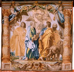 flamländsk gobeläng. Serien Nattvardens triumf. De fyra evangelisterna (Los cuatro evangelistas). Elfte gobeläng i serien. Modell Peter Paul Rubens. 1626-1628. Tillverkning Jan II Raes, Hans Vervoert, Jacques Fobert, Bryssel