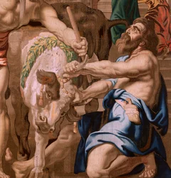 flamländsk gobeläng. Serien Nattvardens triumf. Eukaristins seger över hedniska offer (Victoria de la Eucaristía sobre los sacrificios paganos). Fjärde gobelängen i serien. Modell Peter Paul Rubens. 1626-1628. Tillverkning Jan II Raes, Jac