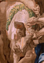 flamländsk gobeläng. Serien Nattvardens triumf. Eukaristins seger över hedniska offer (Victoria de la Eucaristía sobre los sacrificios paganos). Fjärde gobeläng i serien. Modell Peter Paul Rubens. 1626-1628. Tillverkning Jan II Raes, Jac