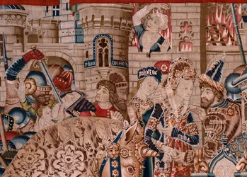 flamländsk gobeläng. Serien Det trojanska kriget. Förstörelsen av Troja (Destrucción de Troya). Elfte gobeläng i serien. Modell Coëtivy Master (Henry eller Conrard de Vulcop). Tillverkar Tournai-verkstäder. Ca 1470. Tyg Ull och siden, 6/7 varp per cm.