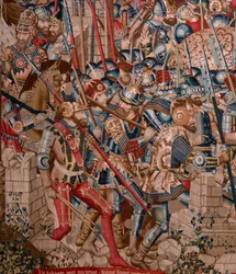 flamländsk gobeläng. Serien Det trojanska kriget. Förstörelsen av Troja (Destrucción de Troya). Elfte gobeläng i serien. Modell Coëtivy Master (Henry eller Conrard de Vulcop). Tillverkar Tournai-verkstäder. Ca 1470. Tyg Ull och siden, 6/7 varp per cm.