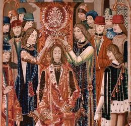 Flamländsk gobeläng. Okänd serie. Romersk historia? Tarquinius Priscus (Tarquino Prisco). Tillverkad i verkstäder i Bryssel? Ca 1475. Väv av ull och siden, 6 varptrådar per cm. Ursprung: en donation av greven av Alba de Aliste; den anlände till katedralen