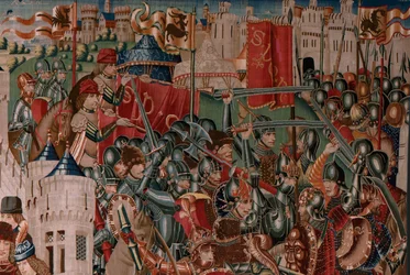 Flamländsk gobeläng. Okänd serie. Romersk historia? Tarquinius Priscus (Tarquino Prisco). Tillverkad i verkstäder i Bryssel? Ca 1475. Material: ull och silke, 6 varptrådar per cm. Ursprung: En gåva från greven av Alba de Aliste, som anlände till