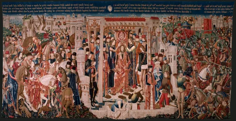 flamländsk gobeläng. Serie okänd. Romersk historia? Tarquinius Priscus (Tarquino Prisco). Tillverka Bryssels verkstäder?. Ca 1475. Tyg Ull och siden, 6 varp per cm. Ursprung En donation av greve Alba de Aliste, den anlände till katedralen 1608. ; Locati