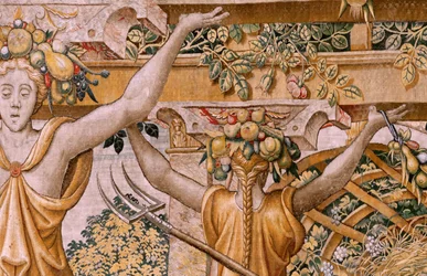 flamländsk gobeläng. Serien Vertumnus och Pomona. No II Vertumnus förvandlades till bonde (Vertumno y Pomona II Vertumno transformado en agricultor) no1 vänster del. Modeller Circle of Pieter Coecke Van Aelst och Léonard Thiry. Atelier okänd, Bryssel. Guld