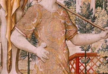 flamländsk gobeläng. Serien Vertumnus och Pomona. No II Vertumnus förvandlades till bonde (Vertumno y Pomona II Vertumno transformado en agricultor) no1 vänster del. Modeller Circle of Pieter Coecke Van Aelst och Léonard Thiry. Atelier okänd, Bryssel. Guld