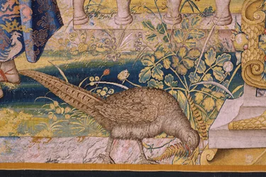 flamländsk gobeläng. Serien Vertumnus och Pomona: Vertumnus förvandlad till en bonde (Vertumnus som bonde, Vertumno transformado och jordbrukare). Studio Willem de Pannemaker. ca 1545-1550. Detalj.
