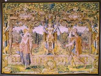 flamländsk gobeläng. Serien Vertumnus och Pomona: Vertumnus förvandlad till en bonde (Vertumnus som bonde, Vertumno transformado och jordbrukare). Studio Willem de Pannemaker. ca 1545-1550.