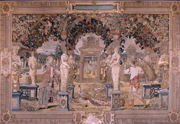 flamländsk gobeläng. Serien Vertumnus och Pomona. Vertumnus förvandlas till en skördare (Vertumno transformado en segador). Första gobelängen i serien. Modellcirkel av Pieter Coeck van Aelst. ; Tillverkning Wilhelm Pannemaker, Bryssel. Ca 1545-1550. Tyg