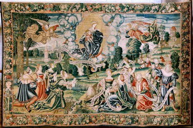 flamländsk gobeläng. Serien the Hail. Ad te clamamus. Andra gobeläng i serien. Tillverka Bryssels verkstäder, en möjlig tillverkning av Marc Crétif. Ca 1528. Storlek 429 x 646 cm. Tyg Siden och ull. Plats Palencias katedral. Ursprung En legat av