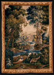 flamländsk gobeläng. Så kallad Verdure (Landskap med vatten, träd och fasaner). Studio i Oudenaarde. 277x200 cm. Inv 00012. 1600-talet.