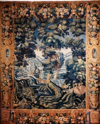 flamländsk gobeläng. Så kallad verdure. Tillverkning av Oudenaarde. Privat samling. 1600-talet (?).
