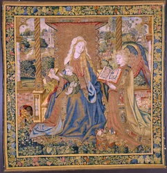 flamländsk gobeläng. Jungfrun med barnet och änglar (Jungfrun med barnet och en ängel, Mary met Kind in engelen). Cirka