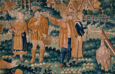 flamländsk gobeläng. Gåsleken. Atelier i Oudenaarde. 341x395 cm. Inv (83058)-7 / 0008. 1600-talet.