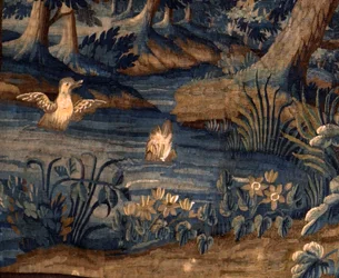 flamländsk gobeläng. stå ut med. Slutet på 1600-talet - början av 1700-talet. Egendom av kyrkan Sint-Walburgakerk Oudenaarde (Dekenij van de Sint-Walburga). Detalj.