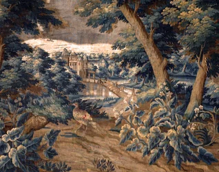 flamländsk gobeläng. Grönska. Slutet på 1600-talet - början av 1700-talet. Egendom av kyrkan Sint-Walburgakerk Oudenaarde (dekanatet i Sint-Walburga). Detalj.