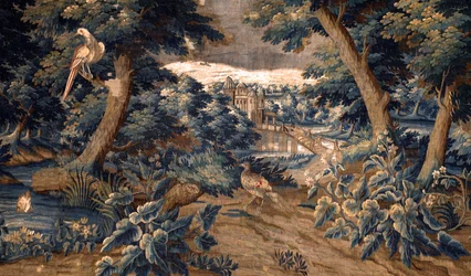flamländsk gobeläng. stå ut med. Slutet på 1600-talet - början av 1700-talet. Egendom av kyrkan Sint-Walburgakerk Oudenaarde (Dekenij van de Sint-Walburga). Detalj.