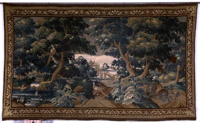 flamländsk gobeläng. Grönska. kärleksscen. Oudenaarde. Slutet på 1600-talet - början av 1700-talet. Egendom av kyrkan Sint-Walburgakerk Oudenaarde (dekanatet i Sint-Walburga). Detalj