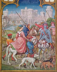 Fol.8v Augusti månad: Avresa för jakten, från Breviarium Grimani, c.1515