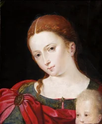 Huvud och axlar av en flicka i röd kappa över blå klänning, ca 1550 (olja på panel, ek)