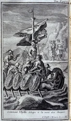Hur Ulysses flydde sirenens röst. Illustration för bok XII av Homeros Odyssey, i Odyssey, publicerad i Amsterdam 1731, Collection privee Milan.