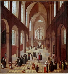 Invändig vy av kyrkan Målning av den flamländska skolan på 1600-talet Madrid, Musee Lazaro Galdiano