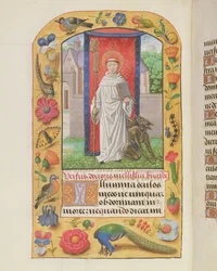 MS 1058-1975 f.161v St. Bernard i cistercienservana med en kedjad djävul bakom sig, från en timbok, troligen Brygge, c.1500-05