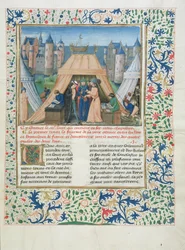 MS W201 f.147 Fredsfördrag från Chroniques dAngleterre (Vol.IV) 1475-80 (tempera på veläng)
