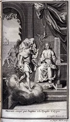 Merkurius skickas av Jupiter till nymfen Calypso. Illustration för bok V av Homeros Odyssey, i Odyssey, publicerad i Amsterdam 1731, Collection privee Milan.